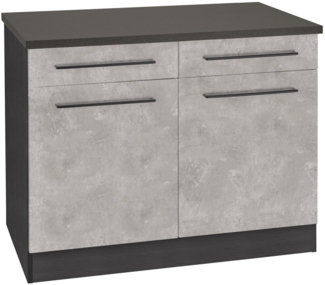 KOCHSTATION Unterschrank KS-Tulsa 100 cm breit, 2 Schubkästen, 2 Türen, schwarzer Metallgriff, MDF Front