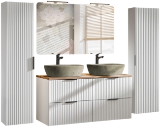 Badmöbel Komplett Set matt weiß Rillenoptik ADELAIDE-56-WHITE Spiegel & Doppelwaschtisch mit Keramikbecken, 2 Hochschränke