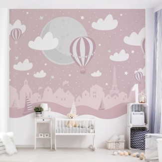 Bilderdepot24 Kindertapete Kinderzimmer Paris Sterne Heißluftballon Rosa Kinder Wanddeko, Glatt, Matt, (Vliestapete inkl. Kleister oder selbstklebend), Mädchenzimmer Jungenzimmer Babyzimmer Bildtapete Fototapete Wandtapete