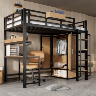 Eisenbett, Hochbett Doppeltür-Kleiderschrank Treppe mit Handläufen Schreibtisch und Aufbewahrungsregal oberes Bett mit Ablagefächern, Eisen+MDF, Schwarz+Natur, 90x200cm