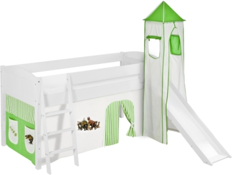 Lilokids 'Ida 4106' Spielbett 90x200 cm, Dinos Grün Beige, Kiefer massiv, mit Turm, Rutsche und Vorhang
