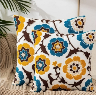 BYSURE Kissenbezüge Bestickte Blumen Kissenhülle 45x45cm, (2 Stück), Kissenbezug Gänseblümchen, Frühlings- Und Sommerdekoration für Zuhause
