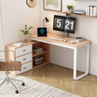 Flieks Eckschreibtisch Schreibtisch/Kommode mit Schubladen (Schrankmaße: 100x30x63 cm/Tischmaße: 135x50x75,3 cm, 2-St, aus MDF&Stahlgestell), L-förmig Bürotisch Arbeitstisch Computertisch mit Stauraum, Natur/Weiß