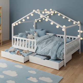 Bellabino 'Bia' Hausbett 140x200 cm mit 2 Schubladen, weiß, Kiefer Massivholz, Montessori Kinderbett mit Stauraum, inkl. Rausfallschutz und Lattenrost