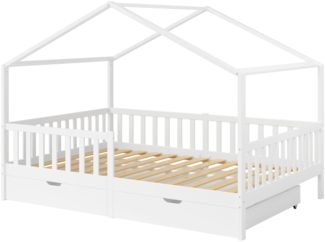 Bellabino 'Bia' Hausbett 140x200 cm mit 2 Schubladen, weiß, Kiefer Massivholz, Montessori Kinderbett mit Stauraum, inkl. Rausfallschutz und Lattenrost