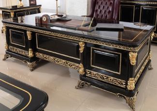 Casa Padrino Luxus Barock Schreibtisch Schwarz / Gold - Prunkvoller Massivholz Bürotisch - Barock Büromöbel - Edel & Prunkvoll