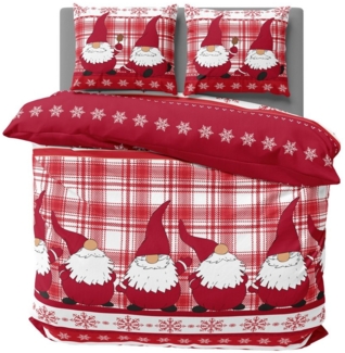 One Home Bettwäsche Wichtel Weihnachten Weihnachtsbettwäsche, Flanell, 3 teilig, Christmas kariert, Baumwolle kuschelig warm weich Biber Winter