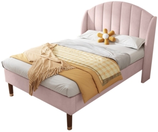 OKWISH Polsterbett Jugendbett Kinder Bett Kinderbett Hausbett gepolsteres Bettgestell (Stahlrahmen mit Holz-Lattenrost Einfache Montage, Pink Einzelbett 90x200 cm mit Matratze), Samt Bezug weich und hoch Kopfteil Polsterung aus Schaum