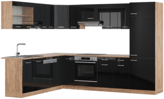 Vicco Einbauküche Schwarz Hochglanz/Goldkraft Eiche 227 x 287 cm ohne Arbeitsplatte, R-Line