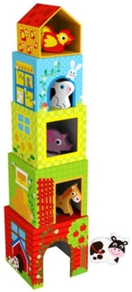 Tooky Toy Holz-Stapelpyramide TKF053 mit Bauernhoftieren, 10-teilig, Stapelturm bunt