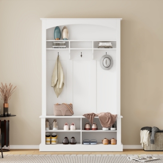 Moderne Flursitzbank mit Schuhschrank und Garderobenfunktion in Weiß 190cm Höhe 120cm Breite Praktische Sitzbank mit verstellbaren Einlegeböden und Ablageflächen Stabile Eingangsbank für Diele und Flurbereich Mit Kippsicherung Hochwertige Spanplatte