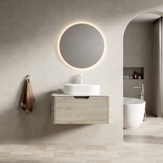 Badezimmer-Waschtisch, Schwebend Weißes Ovales Waschbecken Travertin-Sintersteinplatte gebogene Kanten Sperrholzschrank mit Schublade vormontiert, Sperrholz+Stein, Eiche creme Holzmaserung, 80 cm