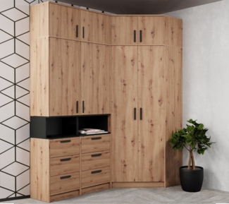 Marmex Möbel Grant 14A Ein Schrank-Set, zwei Büchrregale, Eckkleiderschrank, Schlafzimmer-Set, laminierte Spanplatte, artisan Eiche + schwarz, 143x235x143 cm