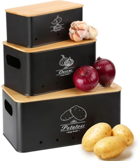 SURFOU Aufbewahrungsbox Kartoffel Aufbewahrungsbox Vorratsdose 3er Set Küche Aufbewahrung (mit Bambusdeckel), für Kartoffeln Zwiebeln & Knoblauch Hält Länger Frisch