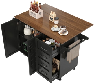 SeedWave Kücheninsel mit klappbarer Arbeitsplatte, Buffet-Schrank mit verstellbare Regale, 4 Schubladen, großes Staufach, 360° drehbare feststellbare Rollen