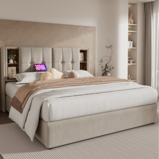 STILVORA Polsterbett 180x200 Bettgestell mit Stauraum,Jugendbett mit Lattenrost,USB C (mit Lattenrost, Mit Matratze,180x200 cm), mit Kabellosem Laden USB C, Lattenrost aus Holz-Natürlich Leinen