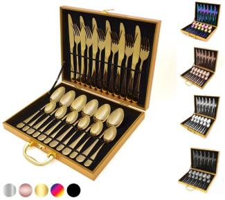 [Besteckset 24 tlg. [Wooden Box] in verschiedenen Farben] glänzendes Edelstahlbesteck für. 6 Personen Messer, Gabel, Löffel Cutlery Set mit Geschenkbox Gold