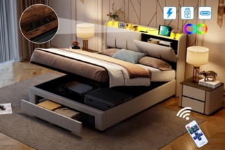 FUROKOY Stauraumbett Doppelbett Polsterbett mit Lattenrost und hydraulischen Stützen, 160x200 cm,mit USB+Type C,LED-Beleuchtung,Samt,Schubladen