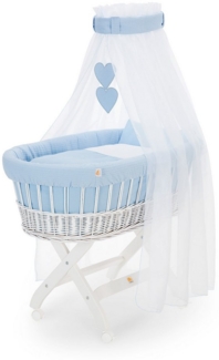 FabiMax Stubenwagen Weiß lackiert, 2 in 1 Musselin / Waffelpiqué Komplettset Blau mit Decke und Kissen