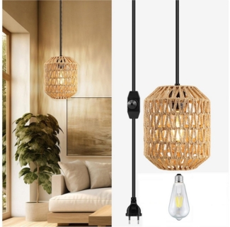 Sunicol LED-Hängeleuchte Dimmbar Vintage Hängelampe mit Stecker, DIY Hanfseil Lampenschirm, Indoor Hängeleuchte mit 4.5M Kabel für Schlafzimmer Balkon