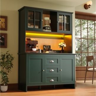 Flieks Küchenbuffet mit LED-Beleuchtung und braunen Glastüren Retro-Stil grün (1-St, B120/T40/H179 cm) Hochschrank Küchenschrank Geschirrschrank mit verstellbare Ablagen