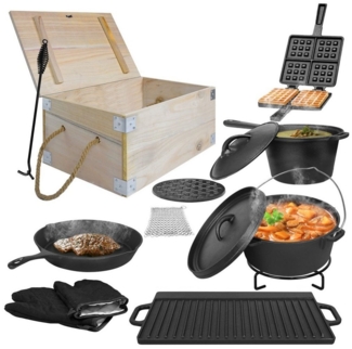 AUFUN Feuertopf Dutch Oven Set, Gusseisen Eingebrannt mit Deckelheber, (12-tlg BBQ Feuertopf aus massivem dickwandigen Gusseisen, für gesellige Grill Abenteuer, Gusseisen), inkl. Isolationshandschuhe, Aufbewahrungsbox & Niederländischer Topf