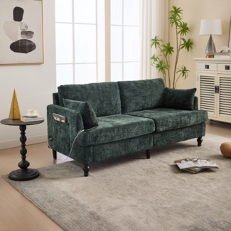 2-sitziges Chenille-Sofa mit USB-Ladeanschluss, LED-Licht und Aufbewahrungstasche in Smaragd