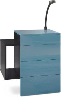 Vladon Nachttisch Queens, Nachttischschrank mit 2 Schubladen und 1 seitlichem Fach zur Wandmontage, Schwarz matt/Petrol Hochglanz, inkl. LED Flexi Lampe schwarz (60 x 63 x 36 cm)