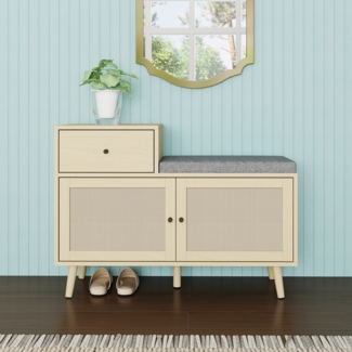 Schuhbank 90×35×65cm Naturholzoptik mit Rattangeflecht und gepolsterter Sitzfläche