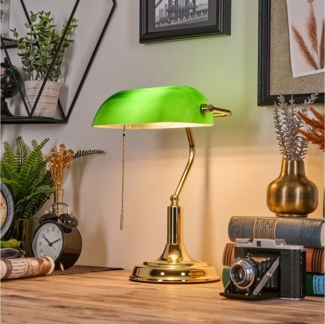hofstein Tischleuchte Tischlampe aus Metall/Glas in Goldfarben/Grün/Weiß, Schreibtischlampe, ohne Leuchtmittel, traditionelle Bankerlampe für Büros im Vintage-Design, Zugnschnur, E27