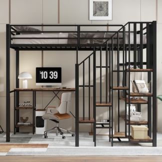 Etagenbett mit Schreibtisch & Kleiderschrank 208 x 173 x 160 cm, Schwarz, Eisen (ohne Matratze)