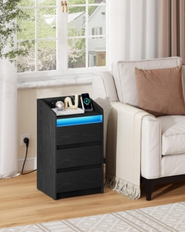Nachttisch 2er Set mit 3 Schubladen, Beistelltisch mit Ladestation und LED, 2 AC-Steckdosenund 2 USB-Anschlüsse für Schlafzimmer, Wohnzimmer, Schwarz