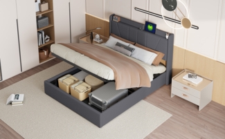 Bett 160x200 cm aus Leinen mit 2 USB- und 1 Type-C-Anschluss, Gasdruck, grau