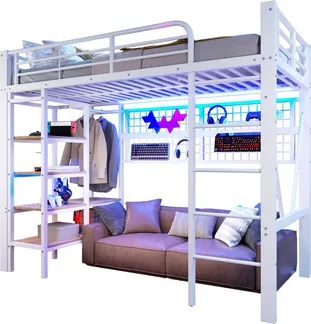 Hochbett mit Regal, LED-Beleuchtung, Kleiderstange, Wandgitter, Leiter, Rausfallschutz, 90x200cm, Kinderbett, Metallbett