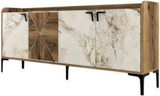 Dmora Konsolentisch Also, Wohnzimmer-Sideboard, niedriger TV-Schrank, ausgestatteter Wandsockel, 180 x 35 h78 cm, Walnuss und weißer Marmor