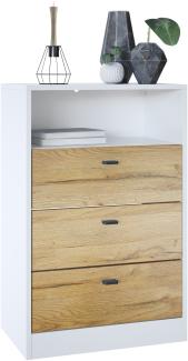 Vladon Kommode Pino V2, Anrichte mit 3 Schubladen & 1 offenem Fach, Weiß matt/Eiche Natur (56 x 86,5 x 36 cm)
