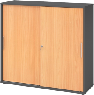 bümö Schiebetürenschrank 3OH - Aktenschrank abschließbar, Sideboard Schrank mit Schiebetüren in Graphit/Buche, Relinggriff - Büroschrank aus Holz mit Schiebetür, Büro Kommode für Ordner & Co, 1753S-G-6-RE