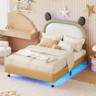 Merax Kinderbett Polsterbett 140*200 cm, mit LED-Beleuchtung, flaches Bett aus zweifarbigem Kunstleder, verstellbares Kopfteil, Doppelbett Jugendbett, flaches Bett mit Lattenrost, Gelb-Braun