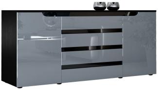 Sideboard Kommode Sylt V2, Korpus in Schwarz matt / Front in Grau Hochglanz mit Absetzungen in Schwarz Hochglanz (166 x 72 x 35)