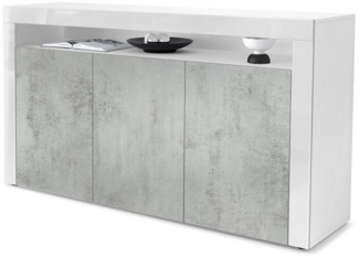 Vladon Sideboard Valencia, Kommode mit 3 Türen und 1 offenem Fach, Weiß matt/Beton Oxid Optik/Weiß Hochglanz (155 x 92 x 40 cm)