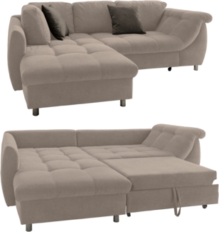 ECKSOFA mit Schlaffunktion, Bettkasten, Wellenunterfederung, Ottomane links B250/T190/H84 cm, Liegefl. 179x190 cm, Mikrofaser Hellbraun