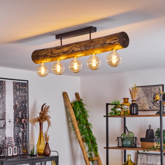 »Pontinvrea«, Deckenlampe aus Metall/Holz in Schwarz/Natur/Dunkelbraun, Vintage Leuchte 5-flammig, 5 x E27 max. 60 Watt