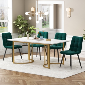 Essgruppe (5-tlg), Esstisch mit 4 Stühlen Set, moderner Küchentisch-Set, 140×80 cm Küchentisch mit goldenen Metallbeinen, MDF-Tischplatte in Weiß, dunkelgrüne Samt-Esszimmerstühle