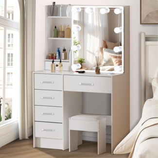 Schminktisch LED-Beleuchtung Spiegel einstellbarer Helligkeit Stuhl Holz