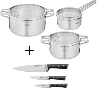 Tefal Topf-Set Nordica + Ice Force, Edelstahl (Set, 9-tlg, 1x Kasserolle 16 cm, 1x Kochtopf 20 cm, 1x Kochtopf 24 cm, 3 Messer), Set: Edelstahl-Topfset (alle Herdarten), Induktion