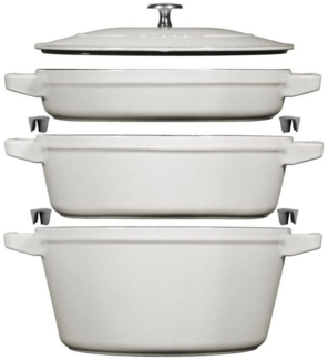 Staub Weißes Gusseisen-Set mit 2 Gusseisentöpfen mit Deckel und Bratpfanne