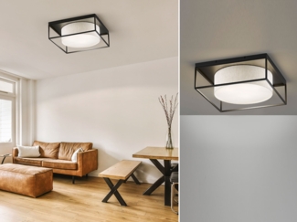 LED Deckenleuchte eckig groß mit Leinen Stoffschirm Beige, Quadrat 50cm