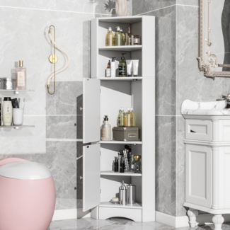 Badezimmerschrank mit Dreiecksdesign, multifunktionaler Eckschrank mit offenen und geschlossenen Ablagen, wasserdicht,Weiß