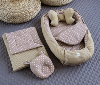 PUNKTE Braun/TAUPE Waffelpique Bio-Baumwolle Babynest Neugeborene Baby Unterlage Reisebett Nestchen SOLO/o. in PREMIUM Ausstattung SETS (Nest + DECKE + Matratze + 2 x Kissen)