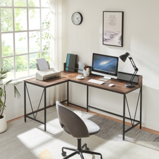 Schreibtisch Frelvepirg mit Rückwand L-förmig 165 x 110 x 75 cm Walnussoptik [en. casa]